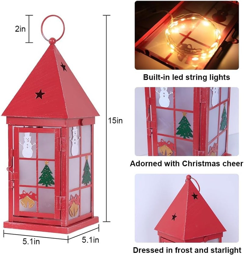 NEEDOMO Christmas Decorations for Home, 15'' Decorative Christmas Lantern Indoor Outdoor Decor, Metal Hanging Candle Holder with Xmas Snowman Bells and LED String for Table Centerpieces, Patio (Red) - Image 3